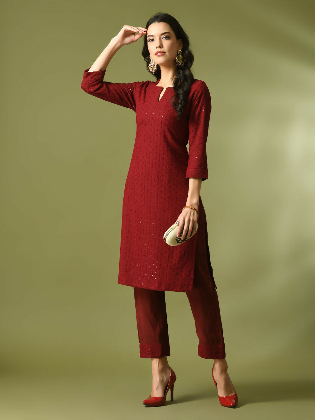 Myshka Women's Maroon Embroidered Cotton Straight Party Kurta Set