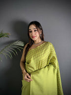 Joban Fashion Light Green Banarasi Soft Lichi Silk Checks & Woven Saree - Distacart