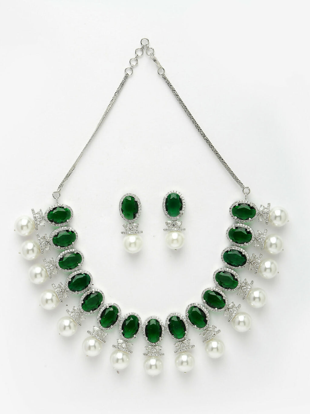 NVR Women's Silver-Plated Green American Diamond Studded Handcrafted Jewellery Set