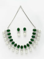 NVR Women's Silver-Plated Green American Diamond Studded Handcrafted Jewellery Set