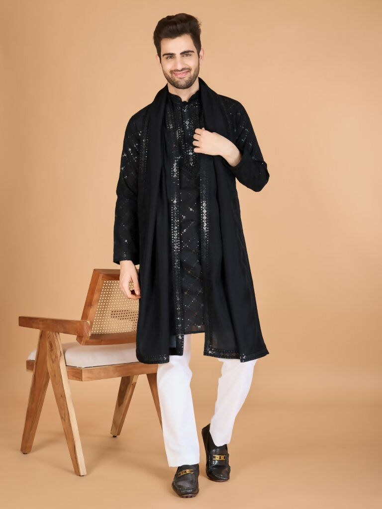 Vastranavya Black Exclusive Festival Wear Viscose Silk Thread & Sequence Embroidered Work Kurta with Dupatta