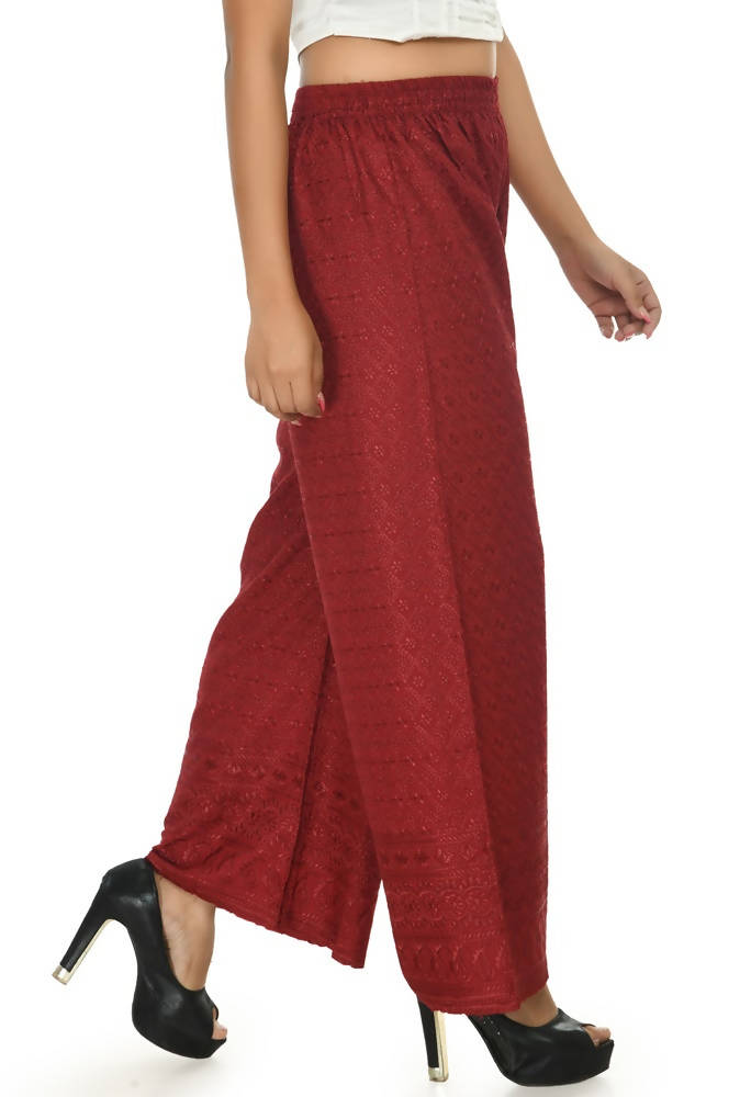 Mominos Fashion Moeza Reyon Cotton Maroon Color Chikan Work Palazzo