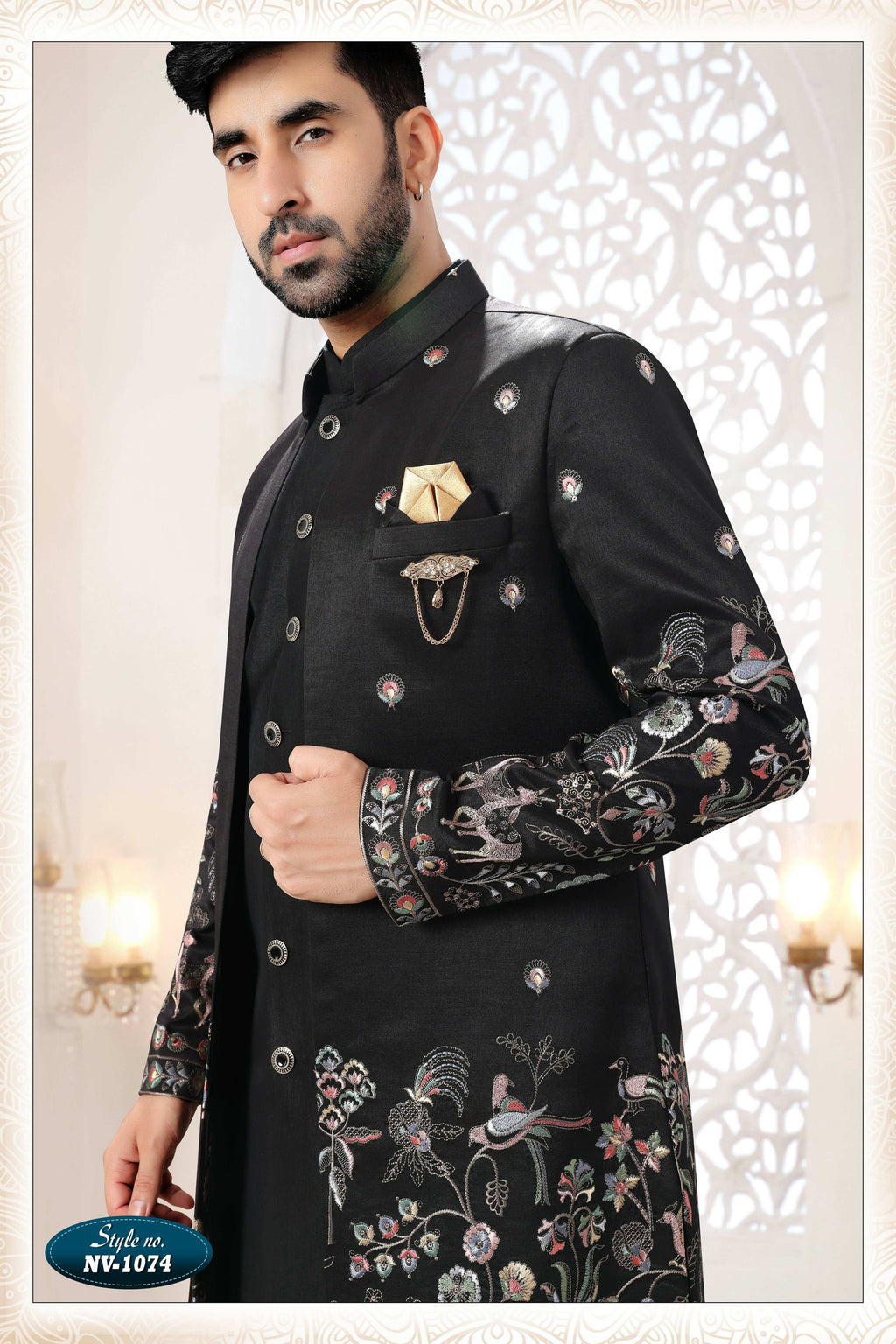Joban Fashion Men's Black Straight Silk Thread And Sequence Embroidery All Over 3 Pc Kurta Set