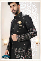 Joban Fashion Men's Black Straight Silk Thread And Sequence Embroidery All Over 3 Pc Kurta Set