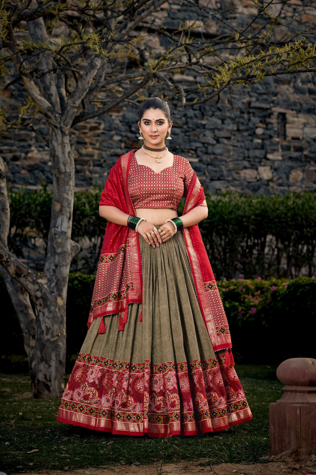 Vastranavya Floral Print With Foil Print Tussar Silk Lehenga With Unstitched Blouse - Mehendi