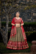 Vastranavya Floral Print With Foil Print Tussar Silk Lehenga With Unstitched Blouse - Mehendi