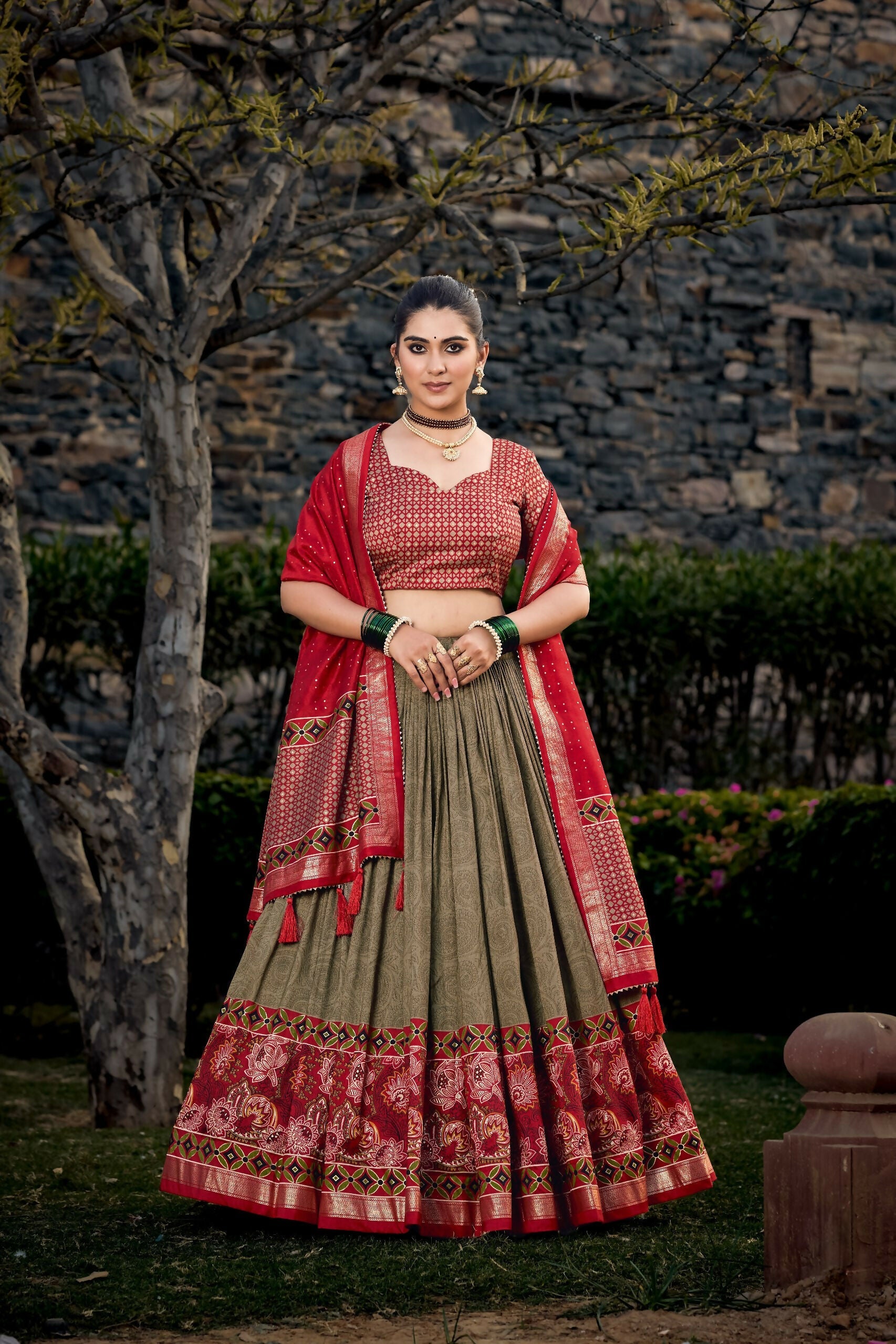 Vastranavya Floral Print With Foil Print Tussar Silk Lehenga With Unstitched Blouse - Mehendi