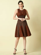 Myshka Women's Rust Pure Cotton Printed Flared Skirt