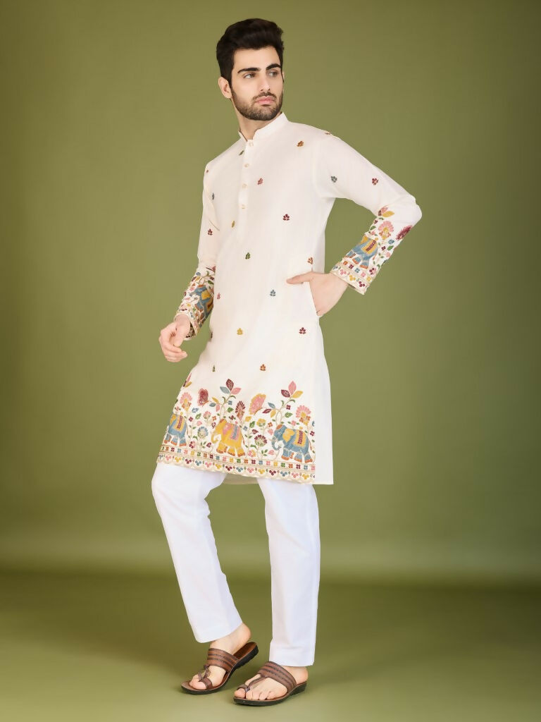 Vastranavya White Exclusive Festival Wear Cotton Sequence Embroidered & Thread Work Kurta