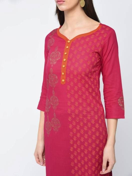 Aniyah Cotton Block Printed Traditional Straight Kurta In Magenta Color (AN-125K)