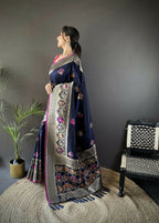 Joban Fashion Navy Blue Elephant & Floral Motifs Soft Lichi Silk Banarasi Saree - Distacart