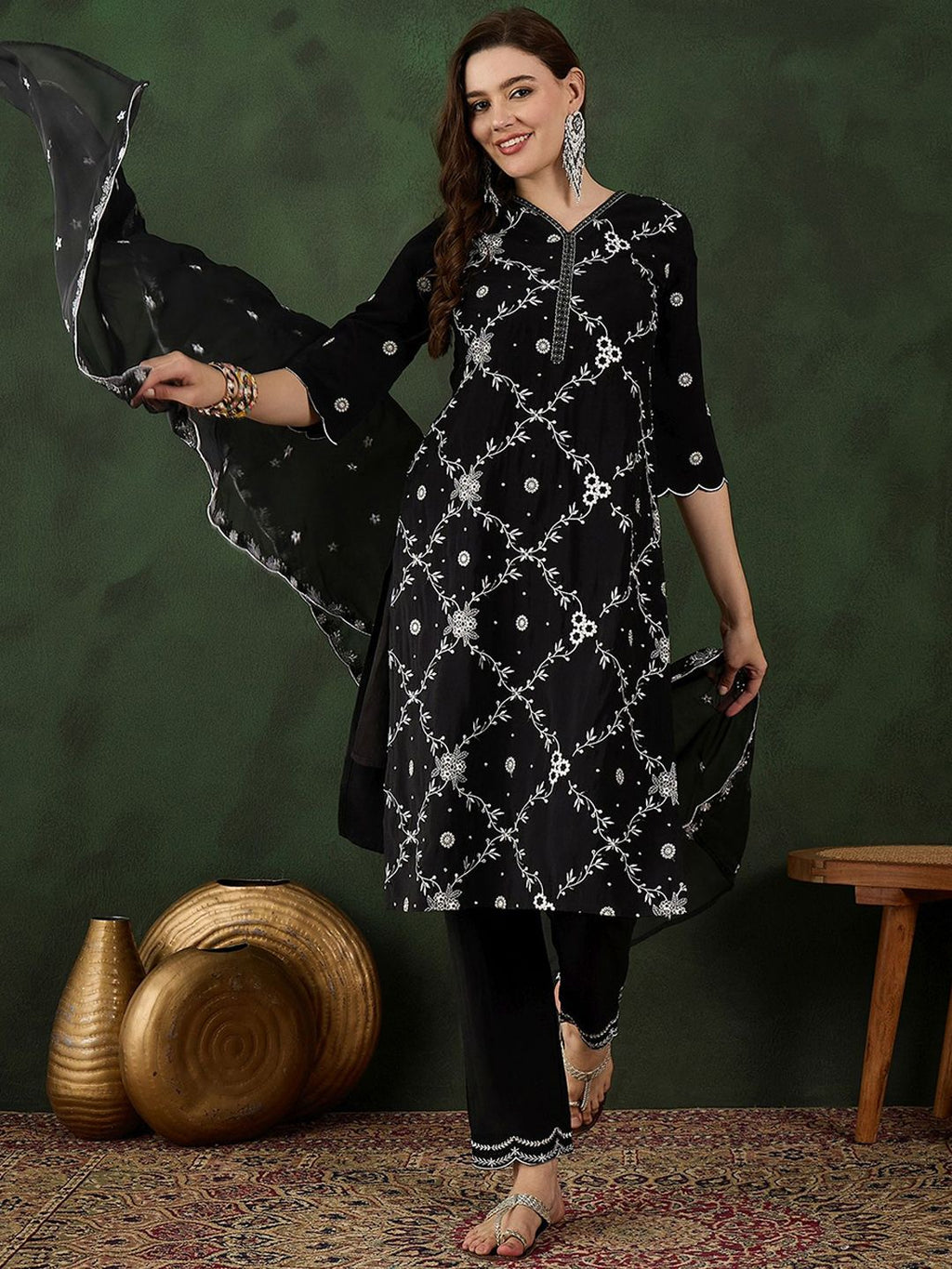 Sangria Embroidered Kurta & Trouser With Dupatta