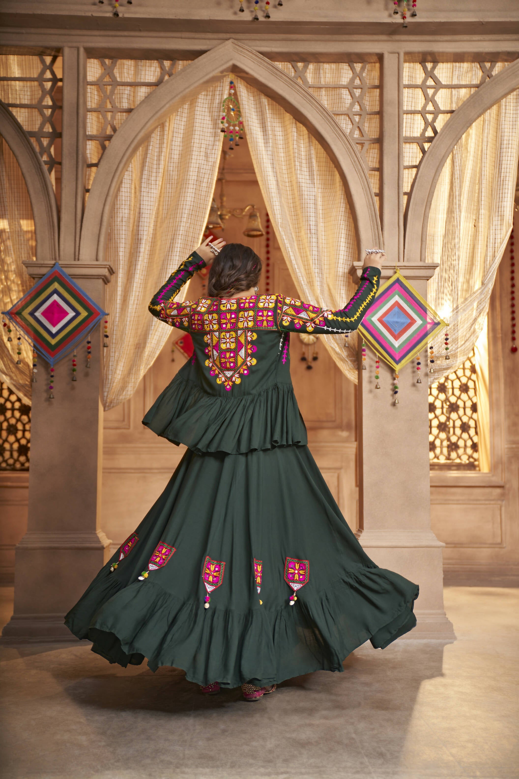 Green Viscose Rayon Thread Embroidered Work With Mirror All Over Navratri Lehenga Choli With Dupatta - Raas