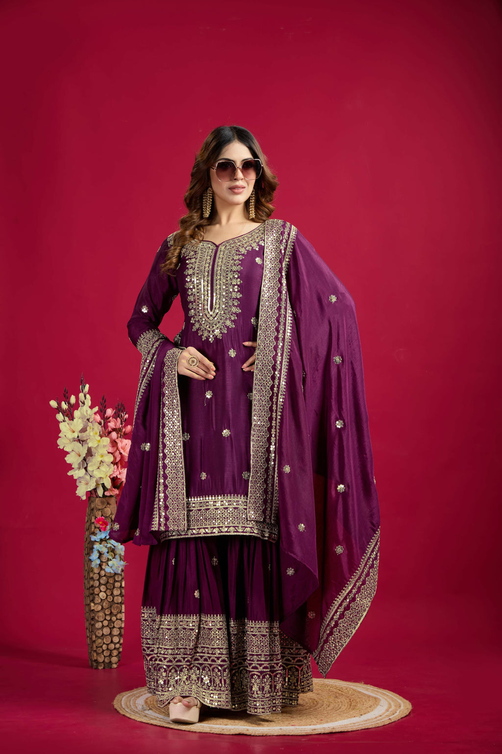 Joban Fashion Violet Kurta Set Silk Sequins , Zari, Coding & Thread Embroidered work - Distacart