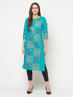 Aniyah Cotton Block Print Turquoise Straight Kurta