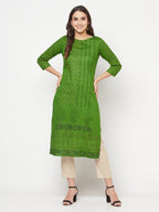 Aniyah Green Cotton Block print straight kurta