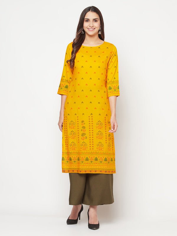 Aniyah Rayon Screen Print Mustard Straight Kurta