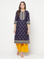 Aniyah Rayon Screen Print Navy Blue Straight Kurta