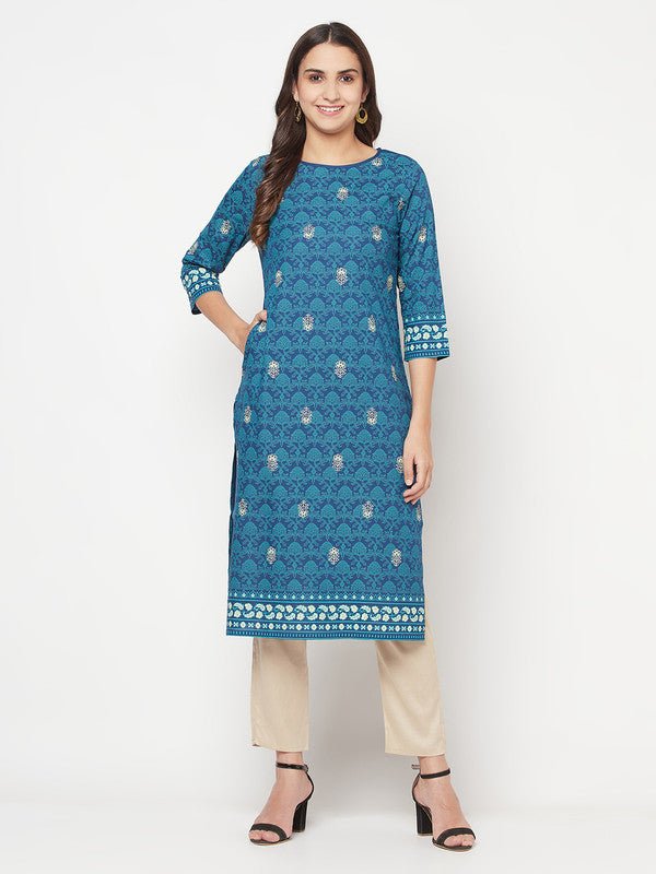 Aniyah Rayon Digital Screen Printed Blue Color Straight Kurta