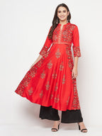Aniyah Rayon Block Print Red Anarkali Kurta