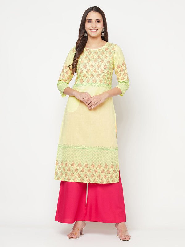 Aniyah Cotton Block Print Lemon Yellow Straight Kurta