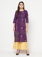 Aniyah Cotton Foil Print Purple Straight Kurta