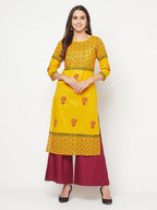 Aniyah Mustard Cotton Block Print Straight Kurta