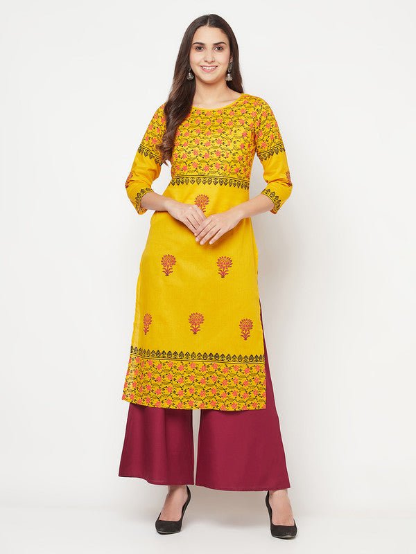 Aniyah Mustard Cotton Block Print Straight Kurta