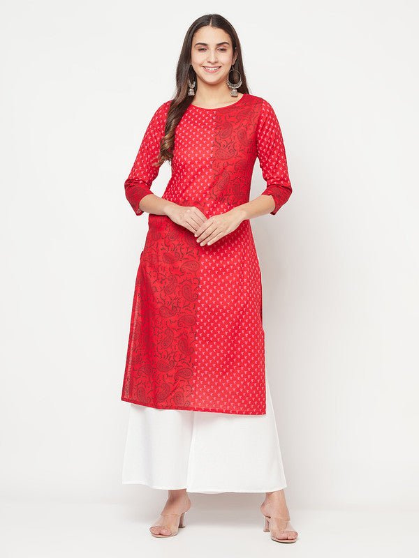 Aniyah Cotton Block Print Red Color Straight Kurta