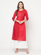Aniyah Cotton Block Print Red Color Straight Kurta