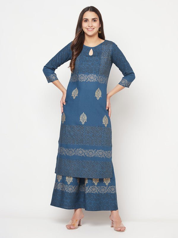 Aniyah Rayon Block Print Blue Straight Kurta Palazzo Set