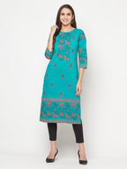Aniyah Turquoise Cotton Block Print Straight Kurta