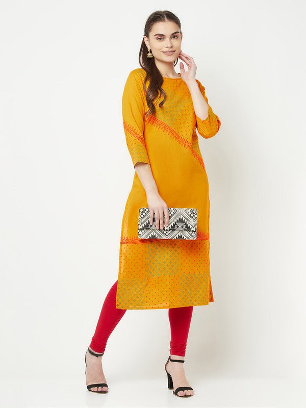Aniyah Cotton Block Print Mustard Color Straight Kurta