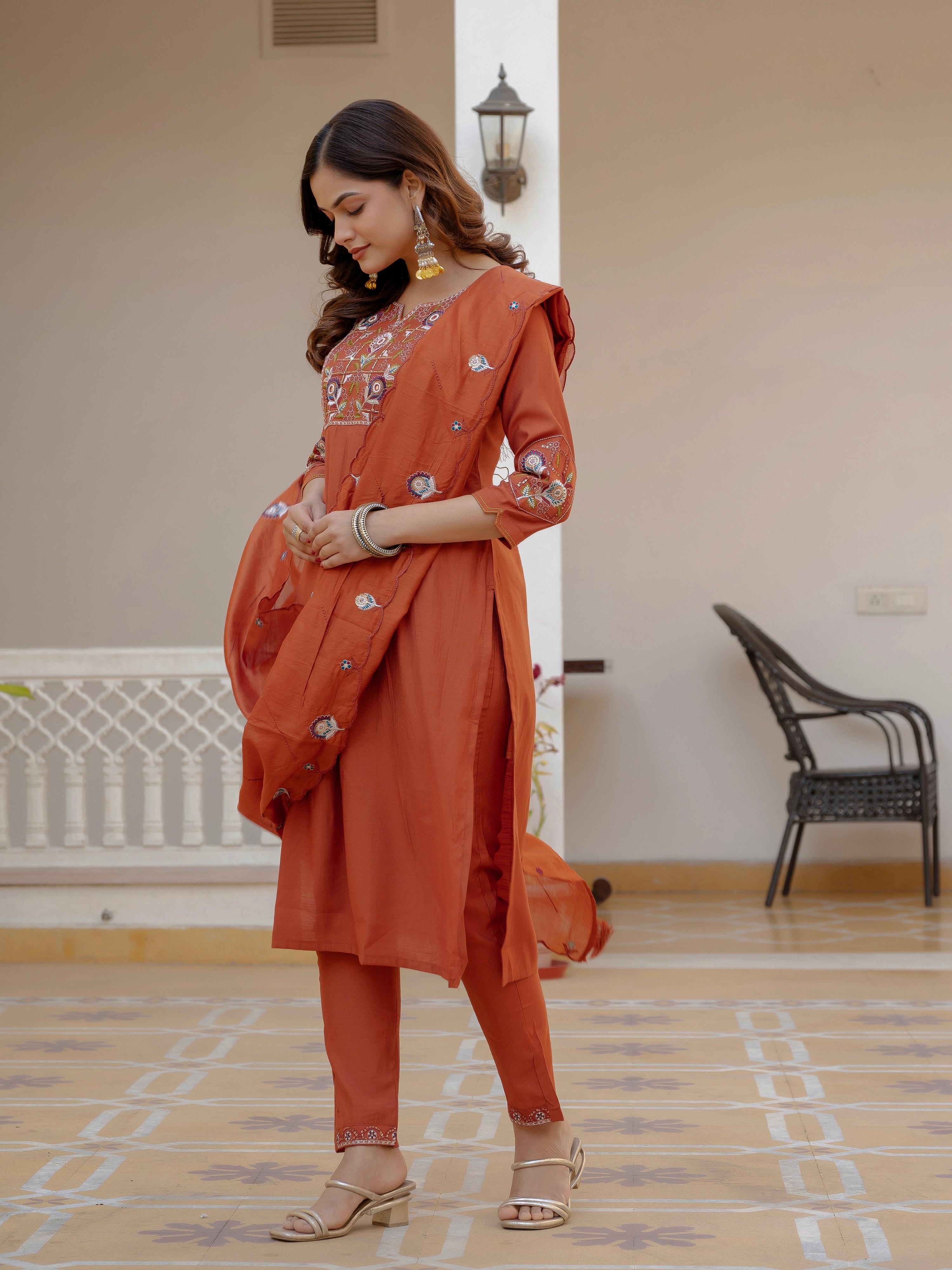 Pramukh Fab Rust Color Viscose Mango Silk Kurta Set - Distacart