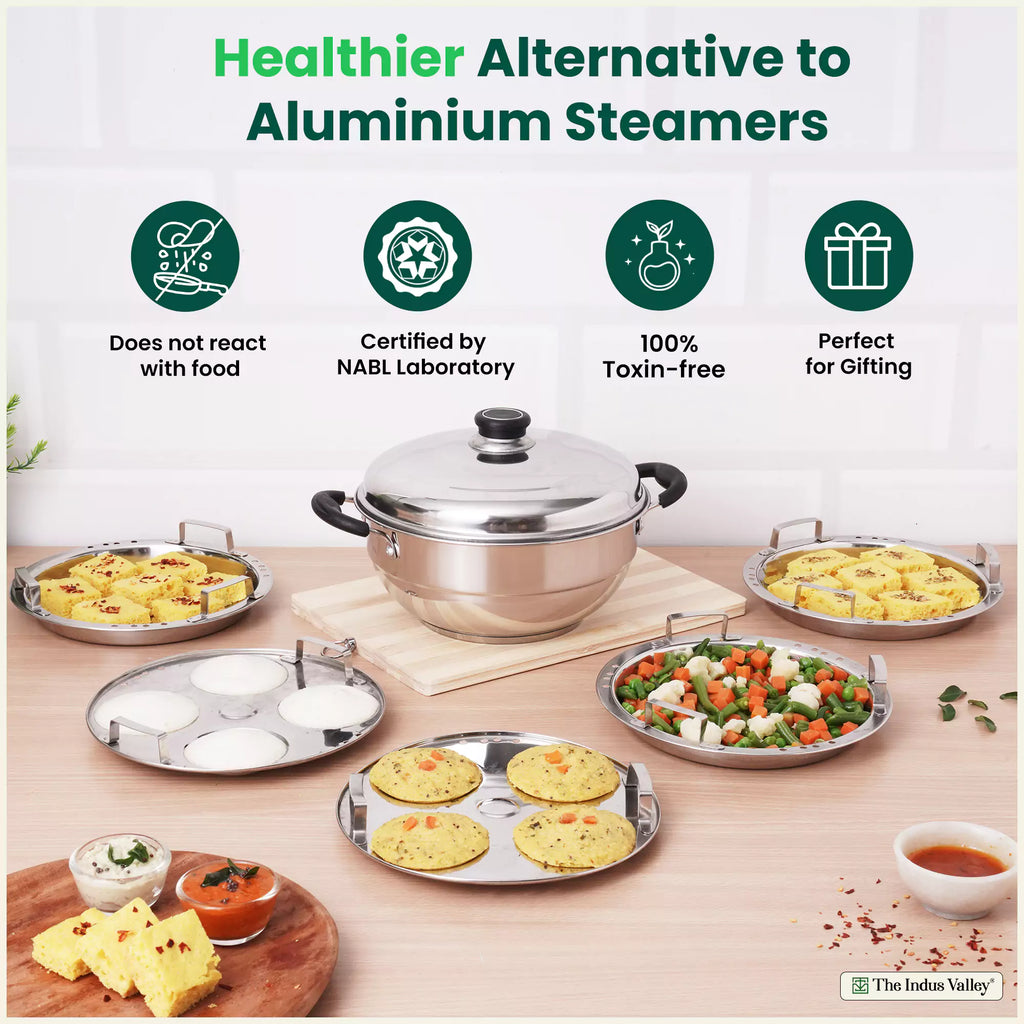 The Indus Valley 8 Pit Tri-Steel Multi Pot Premium Stainless Steel Idli/ Dhokla/ Momo Maker/ Veg Steaming Set, Tri-ply Induction Bottom, 5 Plates, 3L