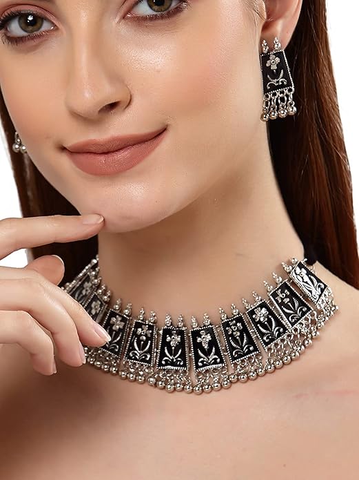 Tehzeeb Creations Women's German Silver Oxidised Necklace And Earrings