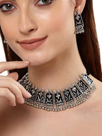 Tehzeeb Creations Women's German Silver Oxidised Necklace And Earrings