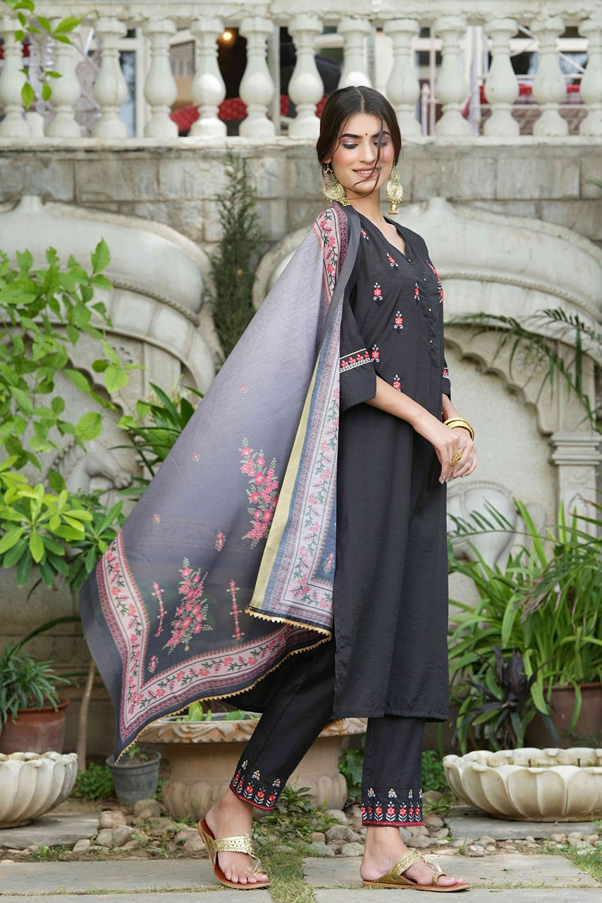 Juniper Black Mono Viscose Festive Wear Embroidered Straight Kurta Pant Dupatta Set - Distacart