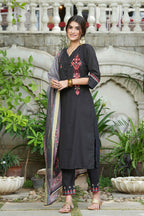 Juniper Black Mono Viscose Festive Wear Embroidered Straight Kurta Pant Dupatta Set - Distacart