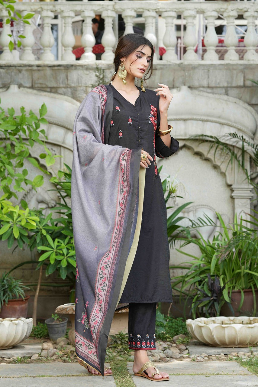 Juniper Black Mono Viscose Festive Wear Embroidered Straight Kurta Pant Dupatta Set - Distacart