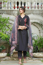 Juniper Black Mono Viscose Festive Wear Embroidered Straight Kurta Pant Dupatta Set - Distacart