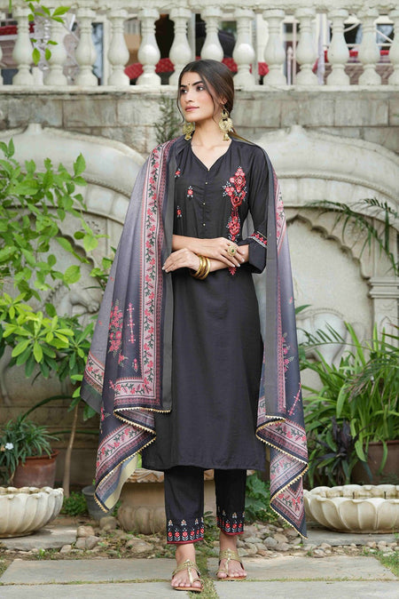 Juniper Black Mono Viscose Festive Wear Embroidered Straight Kurta Pant Dupatta Set