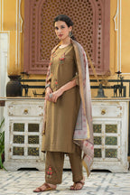 Juniper Women's Olive Mono Viscose Straight Embroidered Kurta Pant Dupatta Set - Distacart