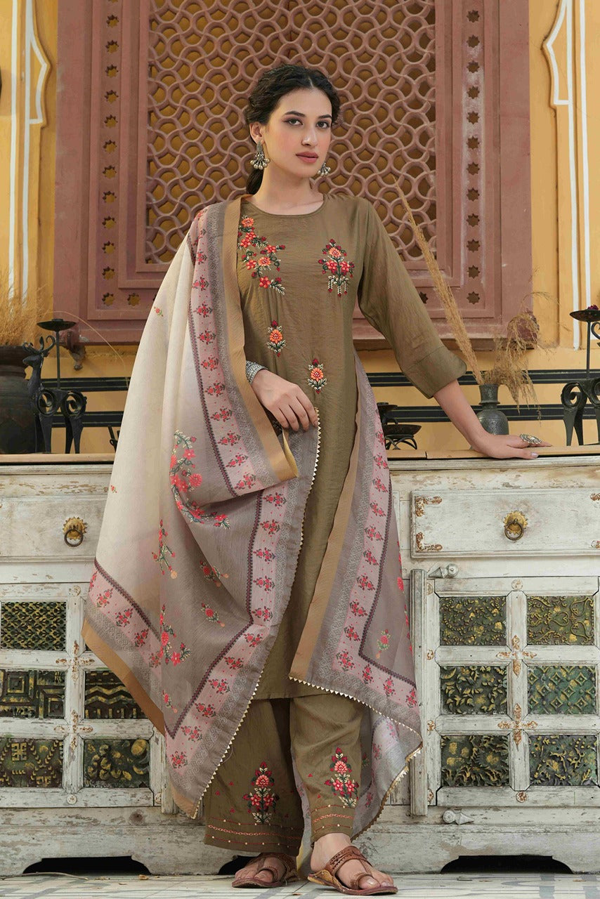 Juniper Women's Olive Mono Viscose Straight Embroidered Kurta Pant Dupatta Set - Distacart