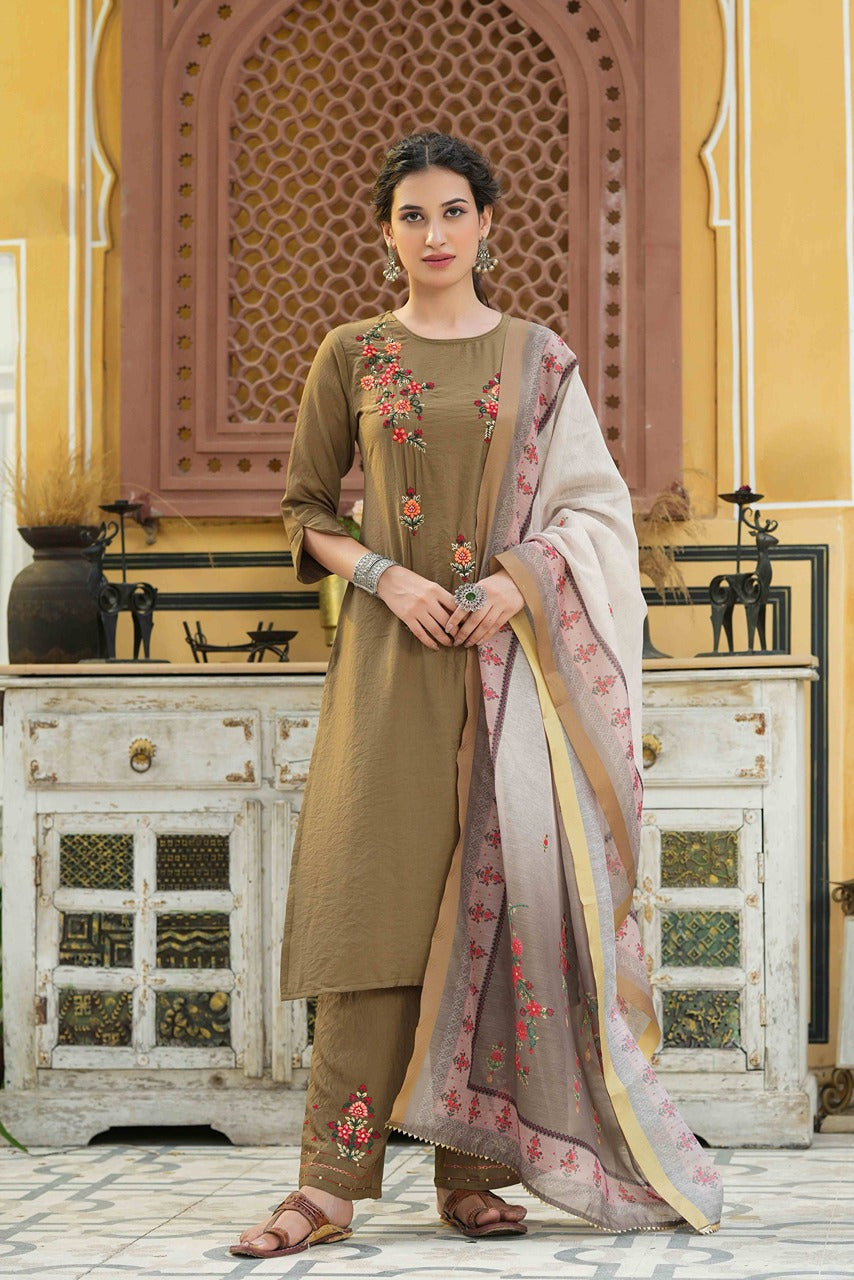 Juniper Women's Olive Mono Viscose Straight Embroidered Kurta Pant Dupatta Set - Distacart
