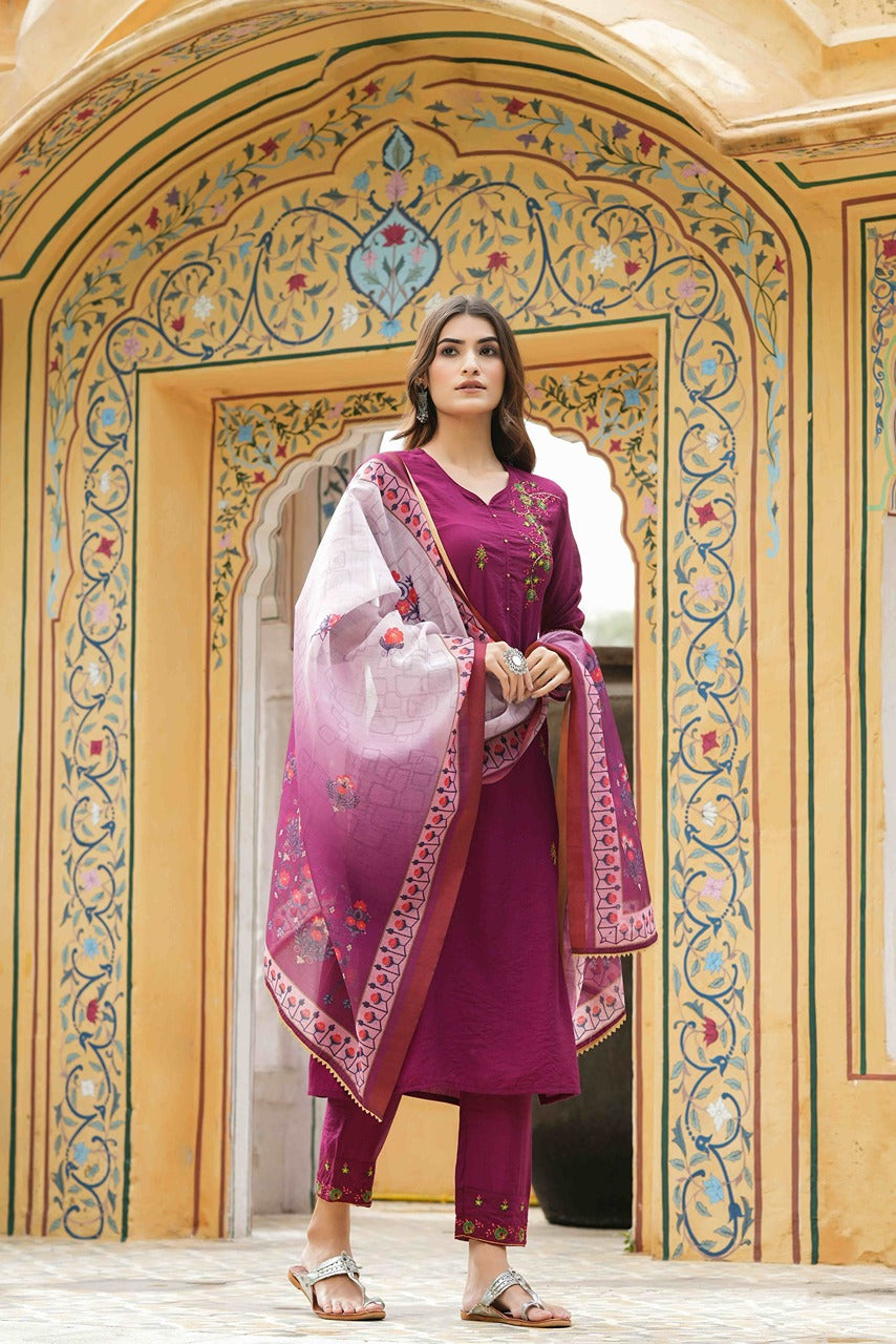 Juniper Maroon Mono Viscose Festive Wear Embroidered Straight Kurta Pant Dupatta Set - Distacart