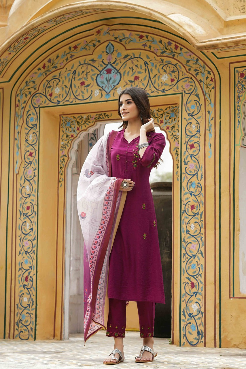 Juniper Maroon Mono Viscose Festive Wear Embroidered Straight Kurta Pant Dupatta Set - Distacart