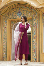 Juniper Maroon Mono Viscose Festive Wear Embroidered Straight Kurta Pant Dupatta Set - Distacart