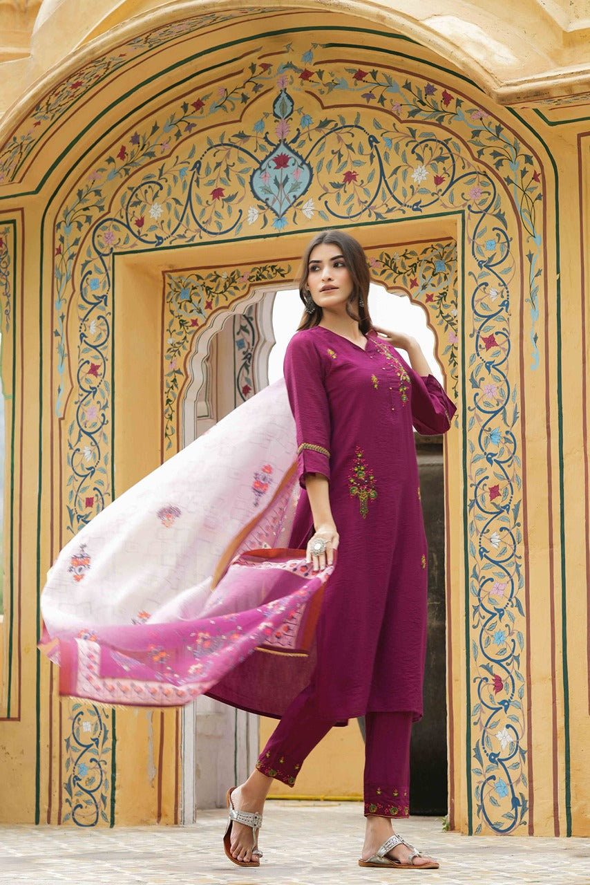 Juniper Maroon Mono Viscose Festive Wear Embroidered Straight Kurta Pant Dupatta Set - Distacart
