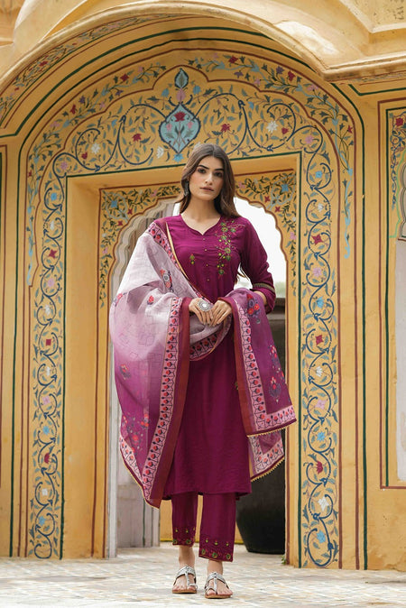 Juniper Maroon Mono Viscose Festive Wear Embroidered Straight Kurta Pant Dupatta Set